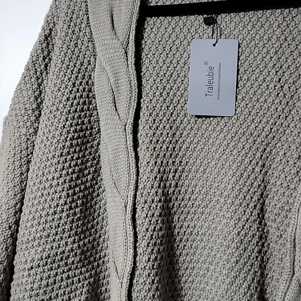 TRALEUBIE oversize cardigan, mixed knits in neutral taupe, Size Large, NWT